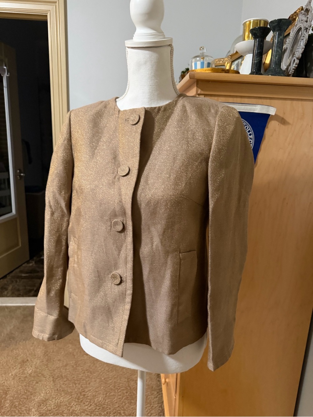 NWOT Talbots Gold Metallic Linen-Blend Collarless Jacket